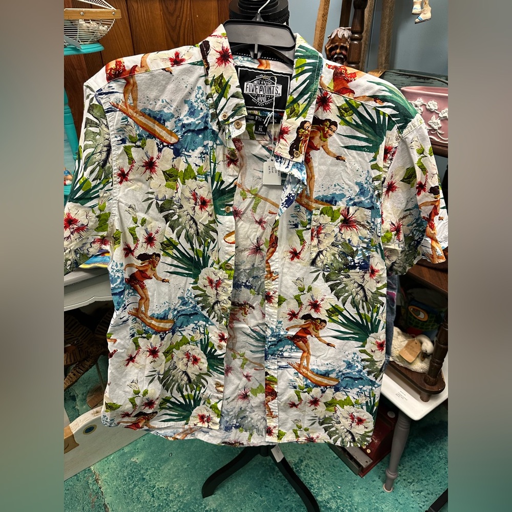 Tropical Surf and Floral Print Casual Shirt